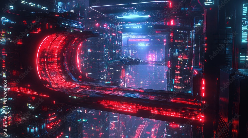 Poster neon dark city with a striking red technology backdrop. cyberpunk 3d rendering featuring dynamic neo