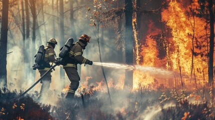 Fototapeta premium Firefighters spraying water on forest wildfire suppression.