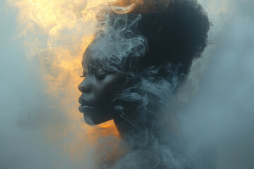Closeup of woman with freckles surrounded by smoke