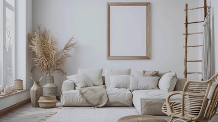 Contemporary living room with poster frame, rattan chair, sectional sofa, grey rug, slippers, beige pillow, ladder, vase with dried flowers, and accessories. Home decor template.