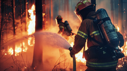 Firefighters aiming water at forest wildfire flames