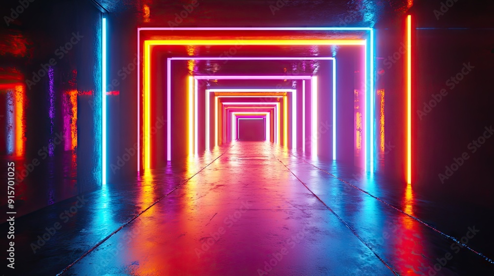 Poster neon lights forming an abstract rectangular object with multicolored illumination on a black backdro