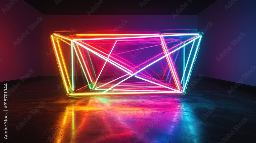 Poster neon lights forming an abstract rectangular object with multicolored illumination on a black backdro