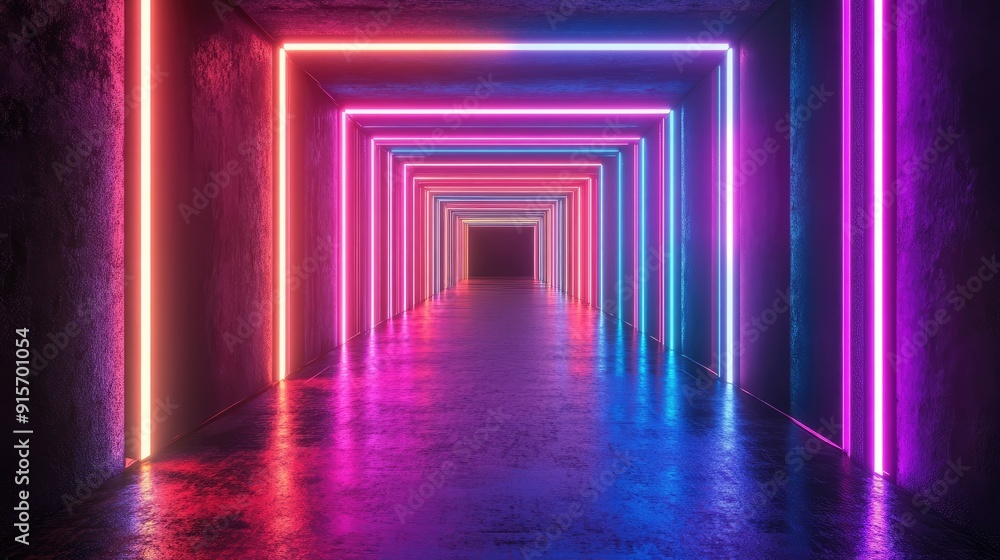 Poster neon lights forming an abstract rectangular object with multicolored illumination on a black backdro