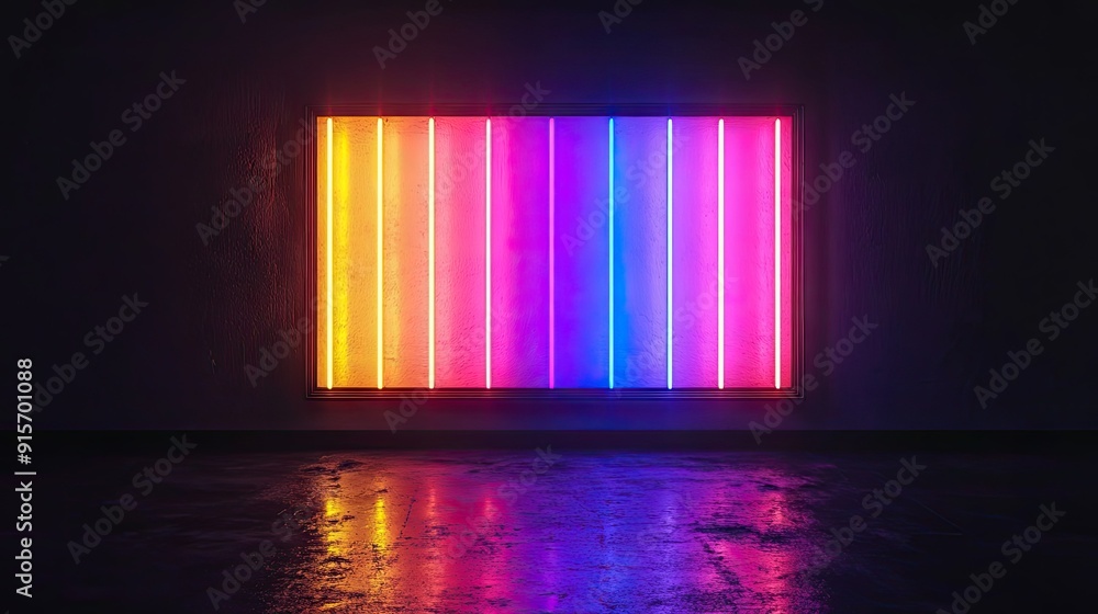 Poster neon lights forming an abstract rectangular object with multicolored illumination on a black backdro