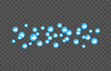 Vector flying reaction icons. Flying blue icons of thumbs up, likes png. Likes on social networks, marketing, advertising, png.