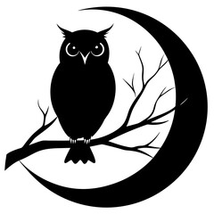 owl perched on a tree branch against a full moon silhouette Vector with a white background