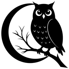 owl perched on a tree branch against a full moon silhouette Vector with a white background