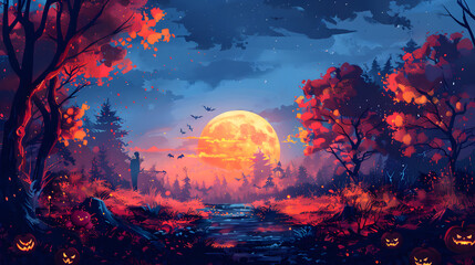 Obraz premium Artistic painting concept of Halloween background with pumpkin in a spooky Graveyard at night, Natural color, digital art style, illustration painting. Creative Design, Tender and dreamy design.