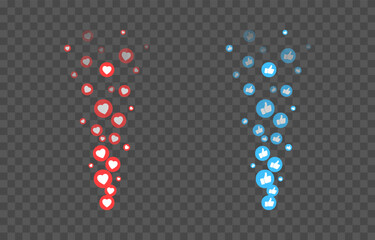 Vector flying reactions icons. Flying icons of red hearts and blue thumbs, likes png. Social media likes, marketing, advertising, png.