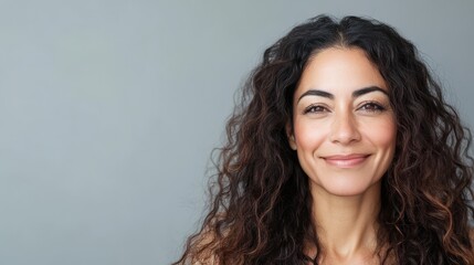 A mid-aged Latina model beams with confidence, radiating warmth and joy