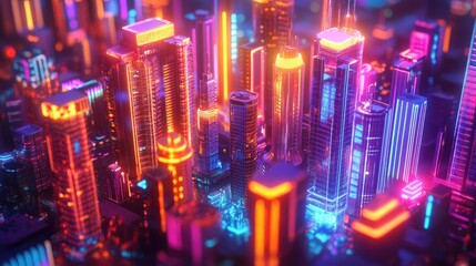Obraz premium Neon-glowing 3D city with vivid colors and detailed skyscrapers. Illustration of a vibrant megapolis and downtown area.