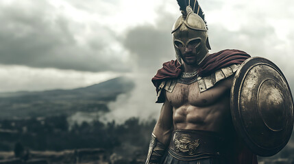 Illustration of spartan warrior in armor, Roman Greek military, muscular ancient soldier, battle, war