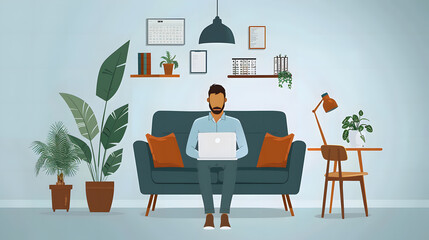 Business Man Working from Home - Flat Illustration