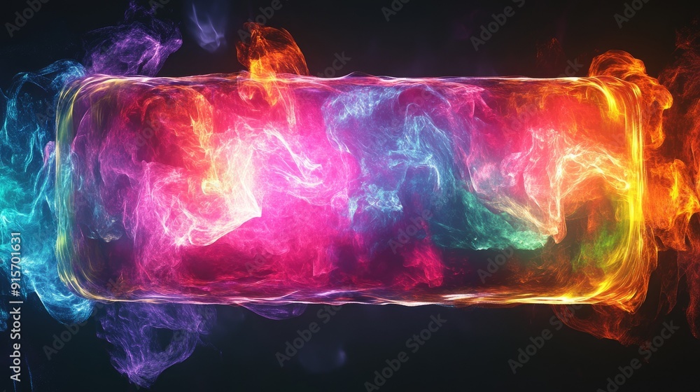 Fototapete neon-lit abstract rectangular object radiating multiple colors on a black backdrop.