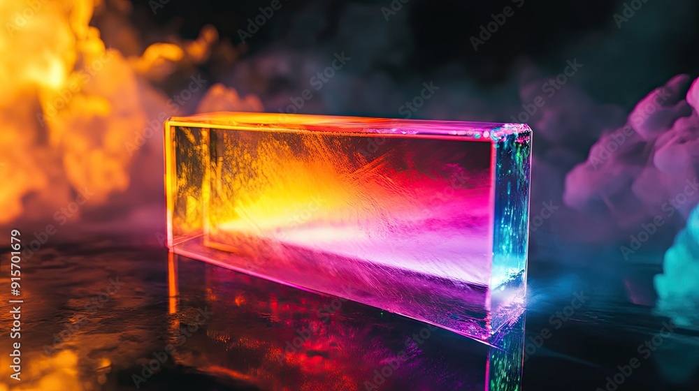 Poster neon-lit abstract rectangular object radiating multiple colors on a black backdrop.