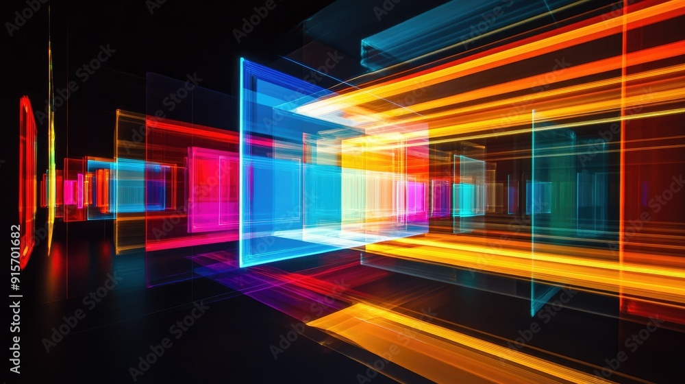 Poster neon-lit abstract rectangular object radiating multiple colors on a black backdrop.