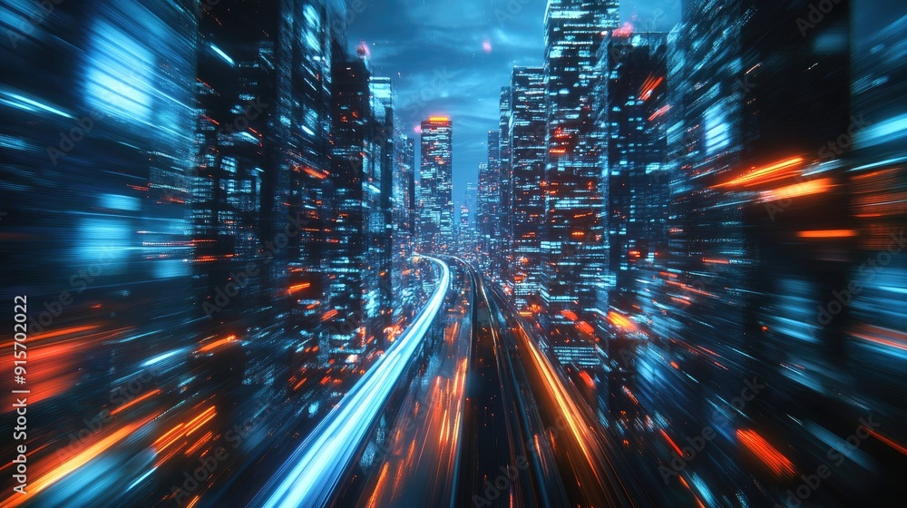 Poster night cityscape with a hyperloop in warp speed. blurred lights from skyscrapers create a dynamic, hi