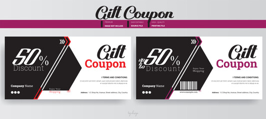 Premium set of coupons template, Gift coupon design for printing with coupon bar code, Promotion Illustration Set Ticket, Voucher, Discount Coupon, Gift Voucher Vector Drawing.
