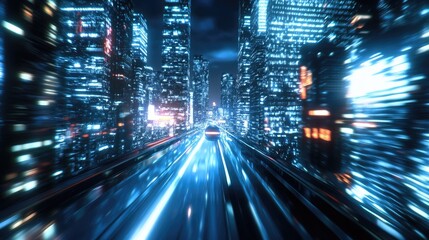 Night cityscape with a hyperloop in warp speed. Blurred lights from skyscrapers create a dynamic, high-tech atmosphere in the 3D illustration.