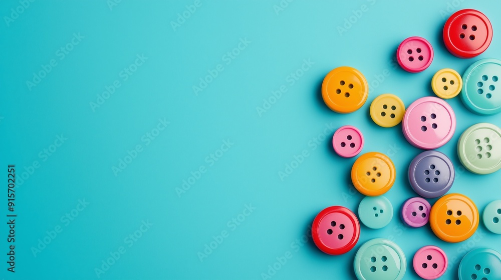 Poster a colorful array of buttons on a blue background. the buttons are of various colors and sizes, creat