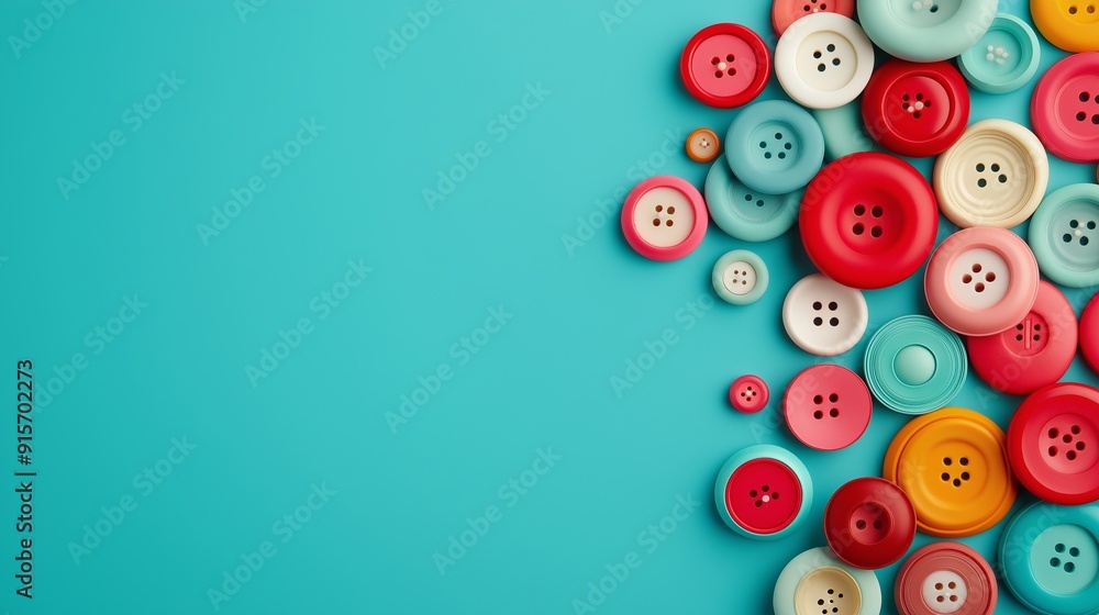 Poster a blue background with a bunch of colorful buttons. the buttons are of different sizes and colors, a
