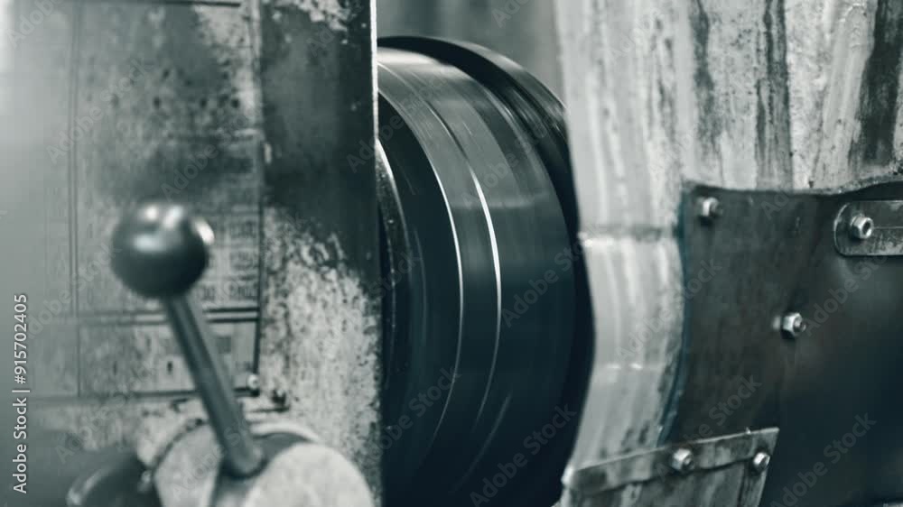 Aufkleber close-up of a lathe machine in operation, showcasing precise metalworking in an industrial workshop.