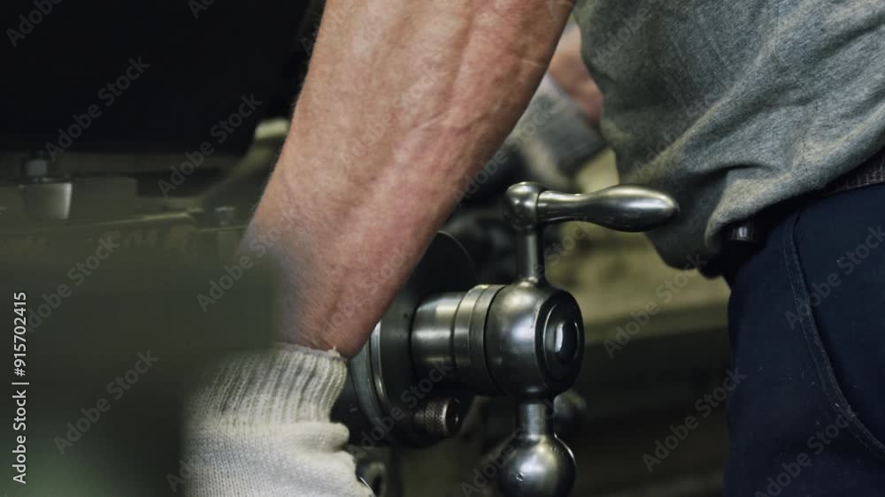 Poster skilled worker operates metal lathe with precision in workshop. close-up shot highlights craftsmansh