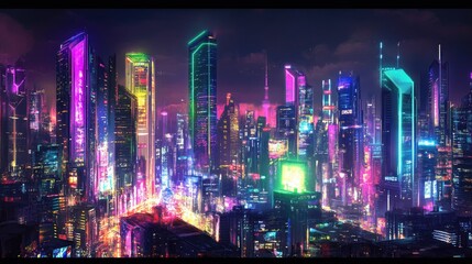 Panoramic view of a vibrant futuristic city at night, with bright neon lights and high-tech skyscrapers. Dark background enhances the cyberpunk theme.