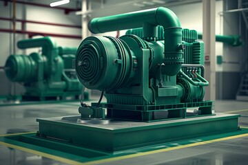 Fototapeta premium Industrial compressor machine in modern factory, green machinery in clean manufacturing facility, industrial equipment concept