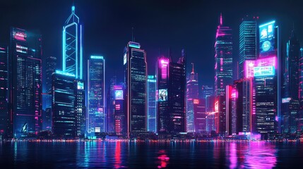 Panoramic view of a vibrant futuristic city at night, with bright neon lights and high-tech skyscrapers. Dark background enhances the cyberpunk theme.