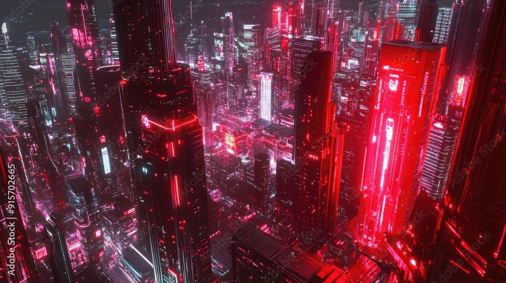 Aufkleber red-lit neon cityscape with a cyberpunk vibe. dark technological background rendered in 3d with vibr