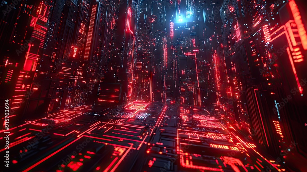 Aufkleber red-lit neon cityscape with a cyberpunk vibe. dark technological background rendered in 3d with vibr