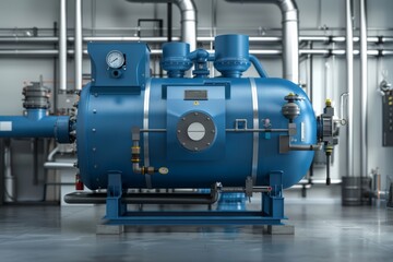 Industrial blue boiler in modern factory, large equipment with pipes and gauges, steel machinery in operational setup, energy production concept