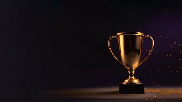 Golden trophy with sparkling confetti on a dark background. Video of award and celebration concept