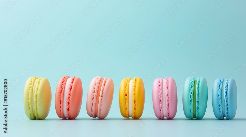 Poster a row of colorful macarons on a blue background. the macarons are arranged in a row, with each one a