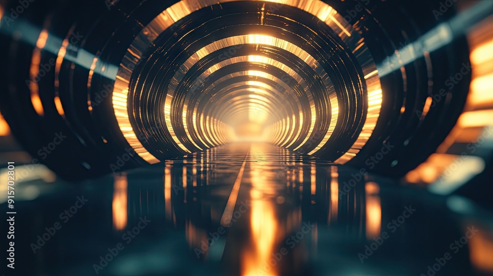 Poster reflective surfaces and glowing lights creating an infinite tunnel effect. 3d illustration.