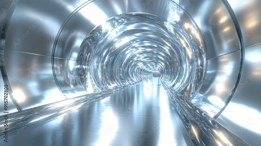 Poster reflective surfaces and glowing lights creating an infinite tunnel effect. 3d illustration.