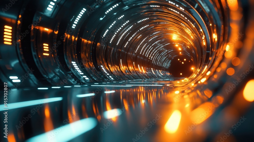 Poster reflective surfaces and glowing lights creating an infinite tunnel effect. 3d illustration.
