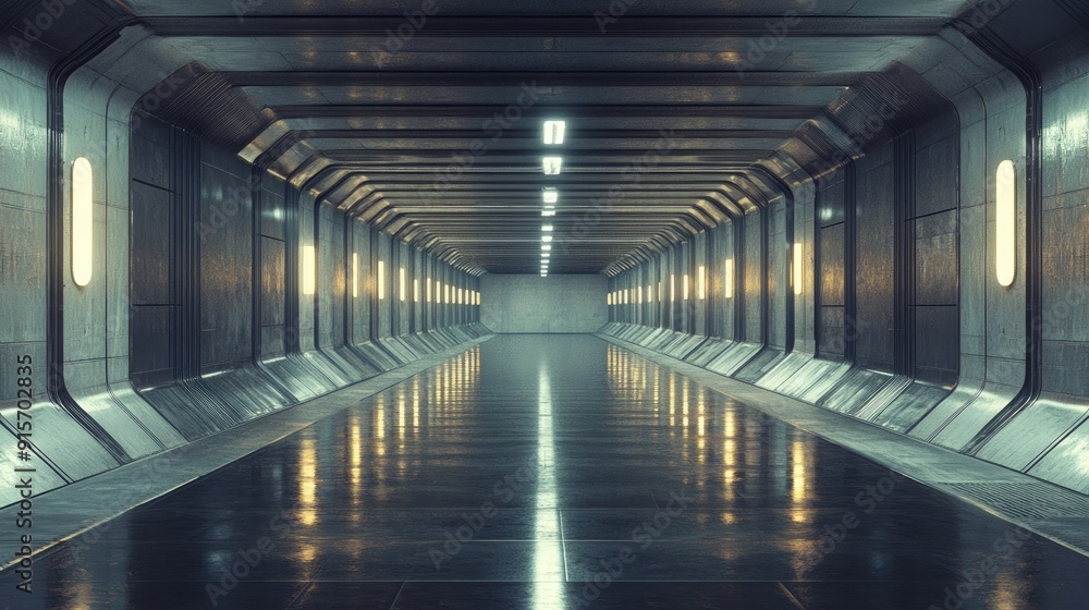 Poster reflective surfaces in a futuristic hangar tunnel with brick texture. sci-fi fantasy corridor. 3d re