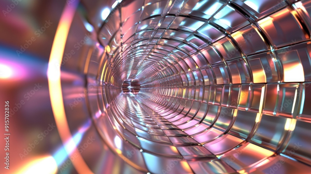 Poster reflective surfaces and glowing lights creating an infinite tunnel effect. 3d illustration.