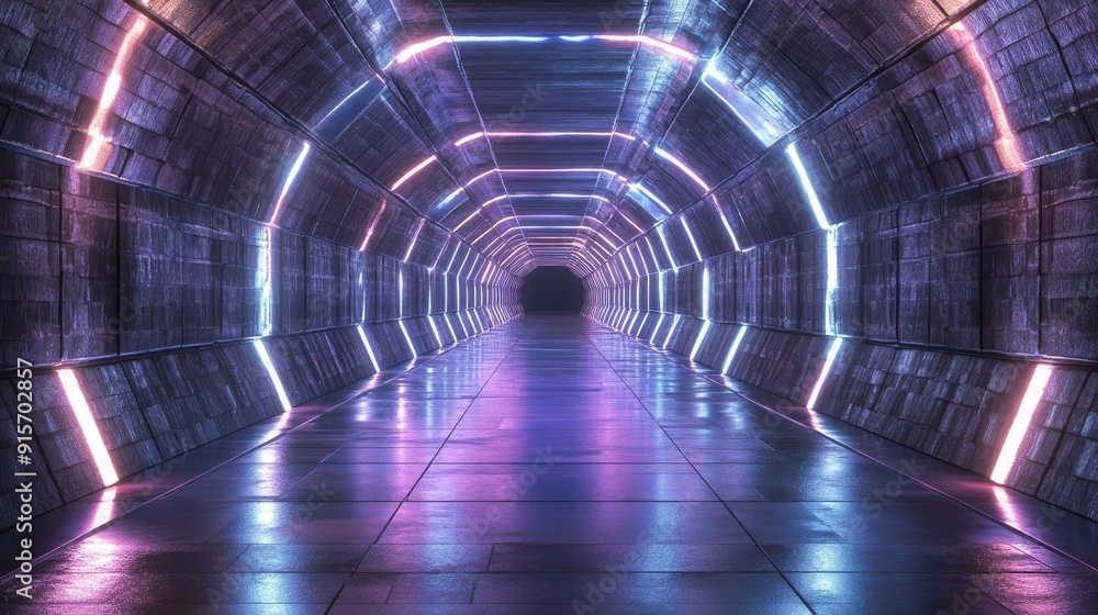 Poster reflective surfaces in a futuristic hangar tunnel with brick texture. sci-fi fantasy corridor. 3d re