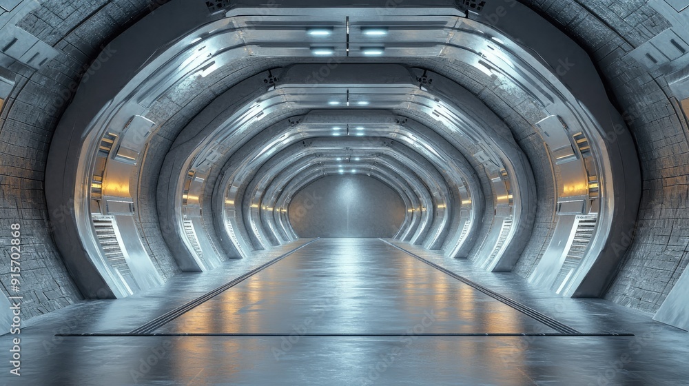 Poster reflective surfaces in a futuristic hangar tunnel with brick texture. sci-fi fantasy corridor. 3d re
