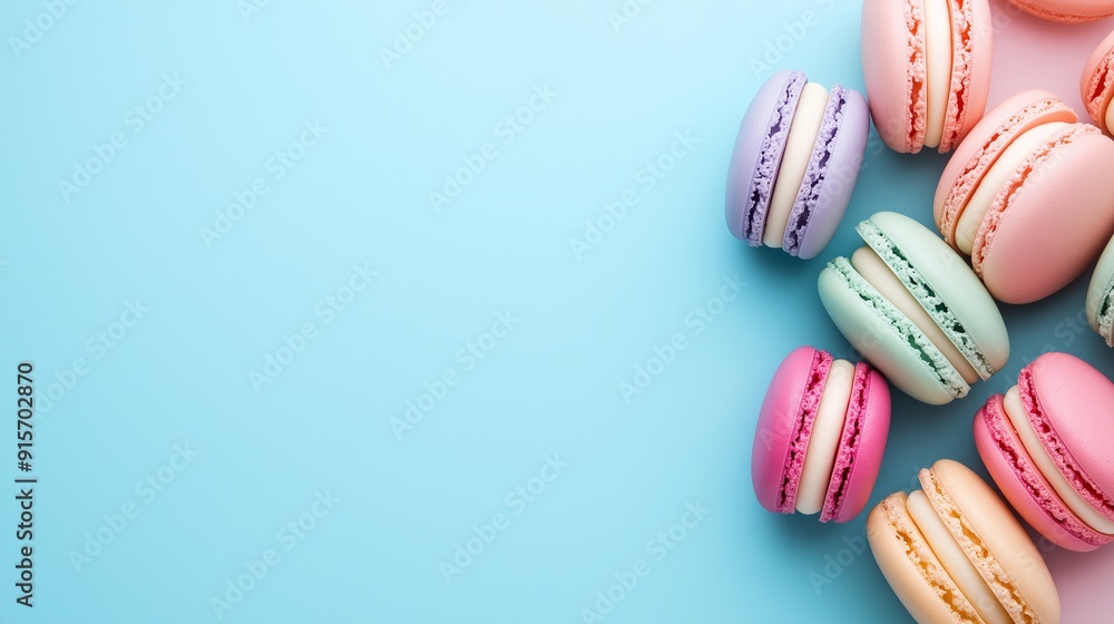 Poster a close up of a few different colored macarons on a blue background. the macarons are arranged in a 
