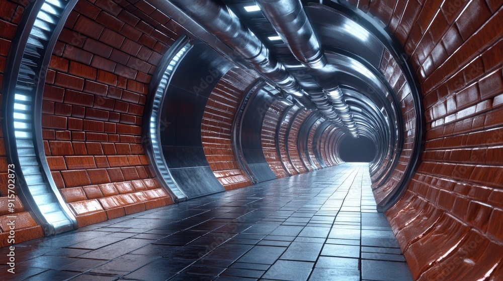 Poster reflective surfaces in a futuristic hangar tunnel with brick texture. sci-fi fantasy corridor. 3d re