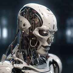 Fototapeta premium Close-up of a white humanoid robot's head, revealing intricate internal mechanisms.