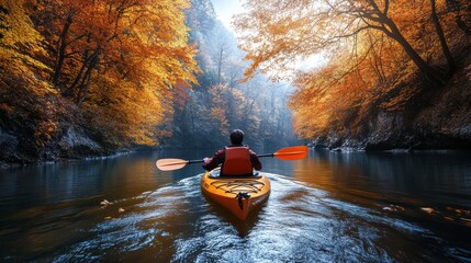 Man kayaking on river through autumn forest, scenic landscape, first-person perspective