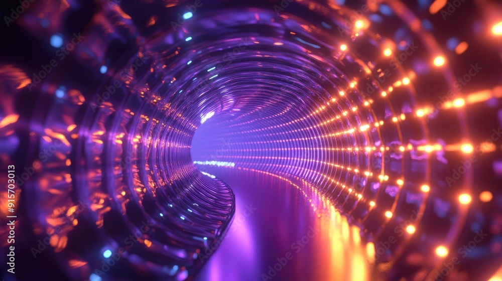 Poster reflective textured tunnel with glowing lights extending endlessly. 3d illustration.