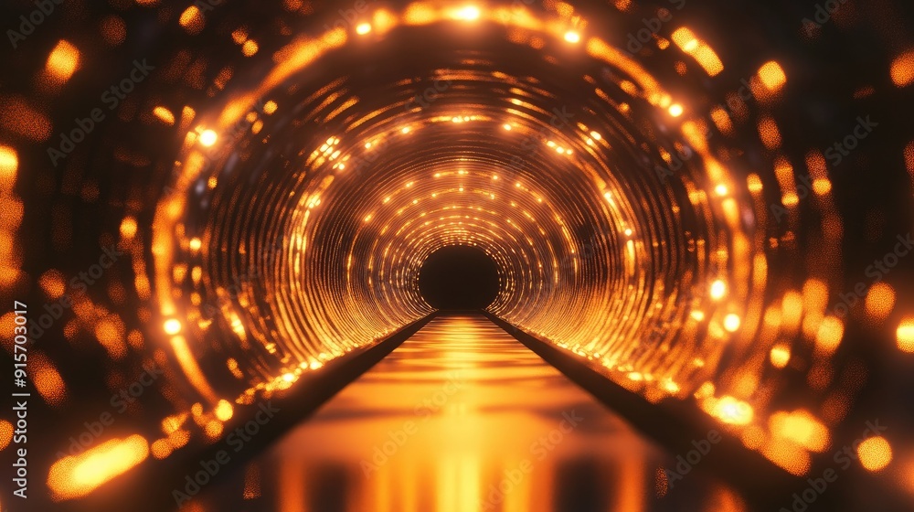 Poster reflective textured tunnel with glowing lights extending endlessly. 3d illustration.
