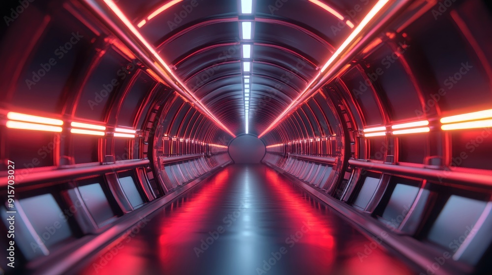 Poster reflective textured tunnel with glowing lights extending endlessly. 3d illustration.